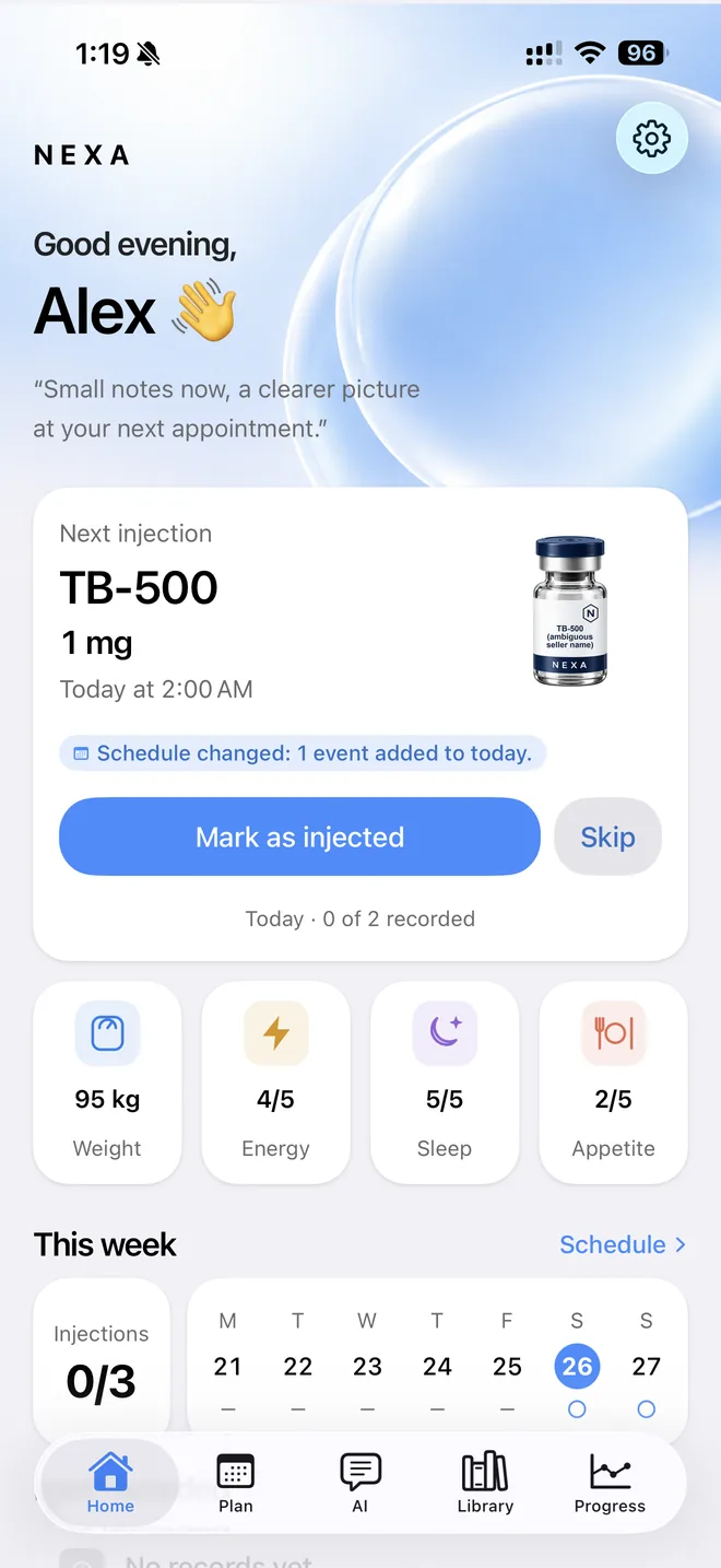 NEXA's Home screen: the next planned item with its time, a Mark as taken button, check-in tiles for weight, energy, sleep and appetite, and this week's calendar